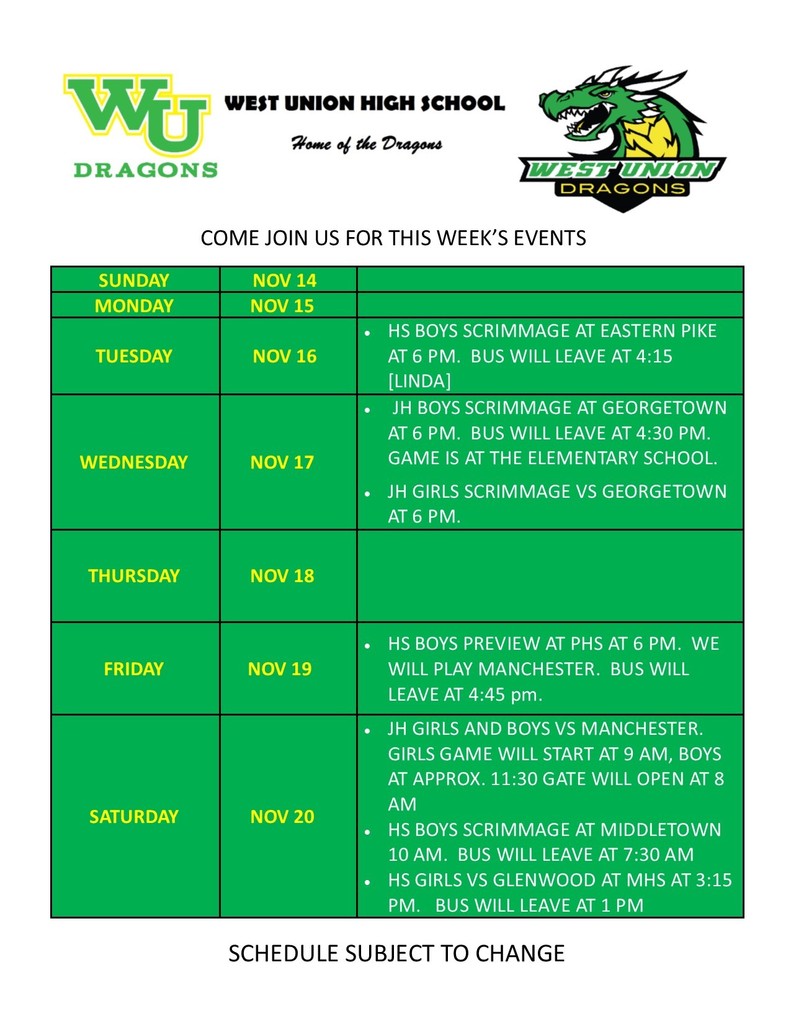 WUHS Athletic events this week.