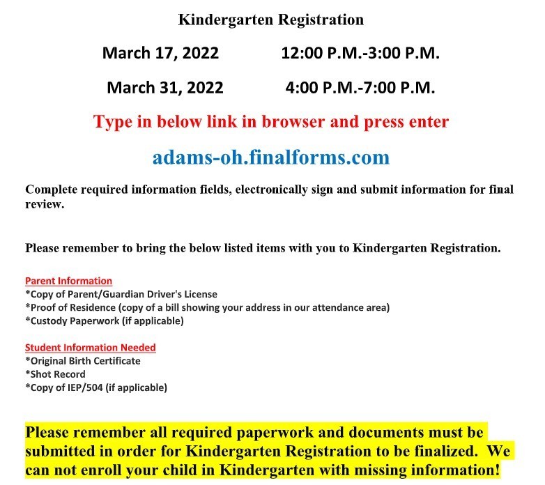Kindergarten Registration Information
